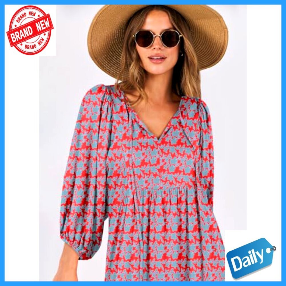 Boho Maxi Dress with Puff Sleeves, V-Neck, Flowy Swing Fit - Picture 5 of 7